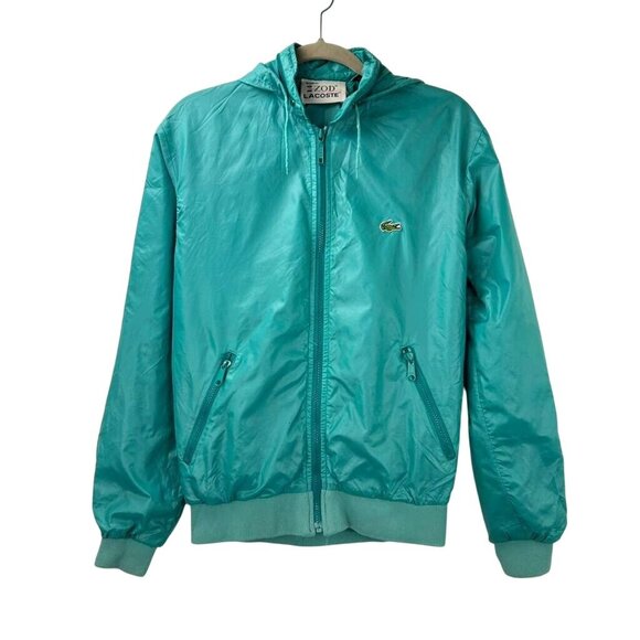 VTG Izod Lacoste Men's S Turquoise Full Zip Hooded Windbreaker Alligator Jacket - Picture 8 of 12